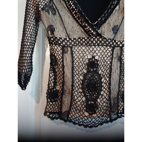Black Crochet/Beaded Babydoll Y2k Top Dolce Cabo Rocker Metal Grunge Trash Goth - Picture 5 of 12